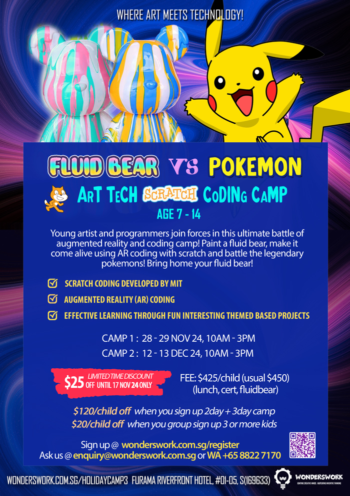 Fluid Bear Vs Pokemons Art Technology Scratch Coding School Holiday Winter Christmas Camp November 2024 to January 2025 for Age 7 to 14 Singapore